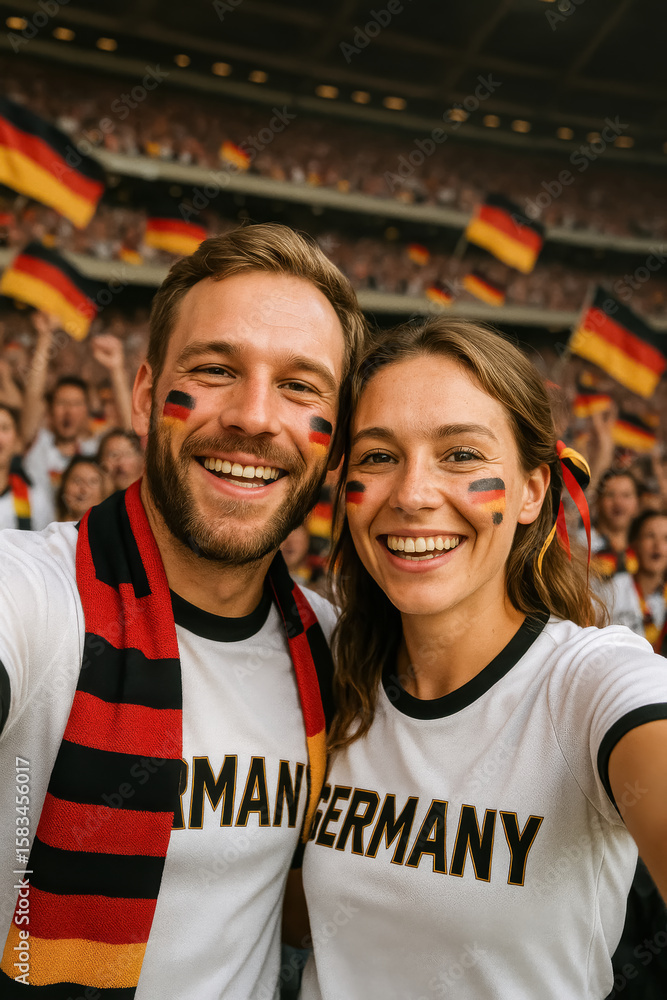Obraz premium German Fans in White Jerseys Smiling at Stadium