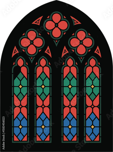 Gothic stained glass window with floral and geometric patterns church architecture