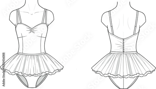 Ballet tutu leotard technical fashion flat sketch. Camisole romper dress with front and back view. Vector illustration apparel design template.