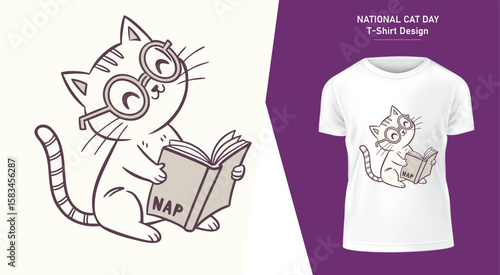 National Cat Day T Shirt Design A Cute Cartoon Cat Reading a Book Titled Nap cartoon