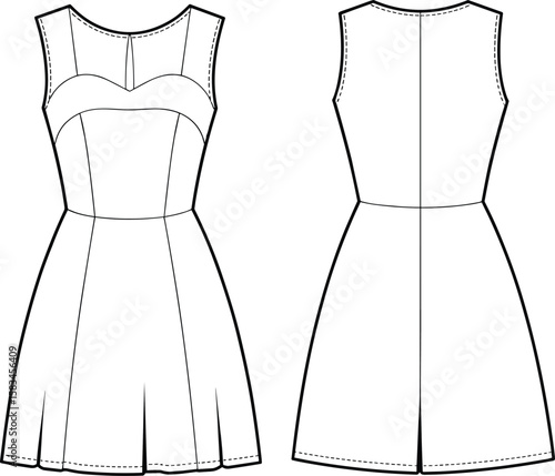 Sleeveless women’s dress fashion flat sketch, modern fitted bodice with pleated skirt, technical CAD vector for clothing design.