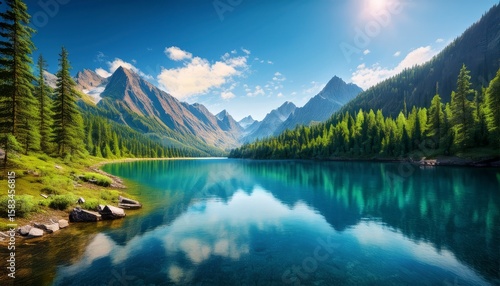 Majestic blue mountain lake with green trees park