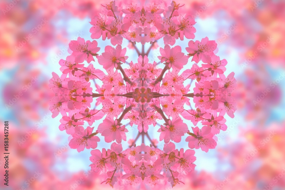 Fototapeta premium A vibrant kaleidoscope of pink cherry blossoms in full bloom against a soft blue backdrop