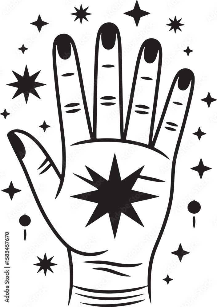 Fototapeta premium Black Hand with Star Palm and Nails Illustration