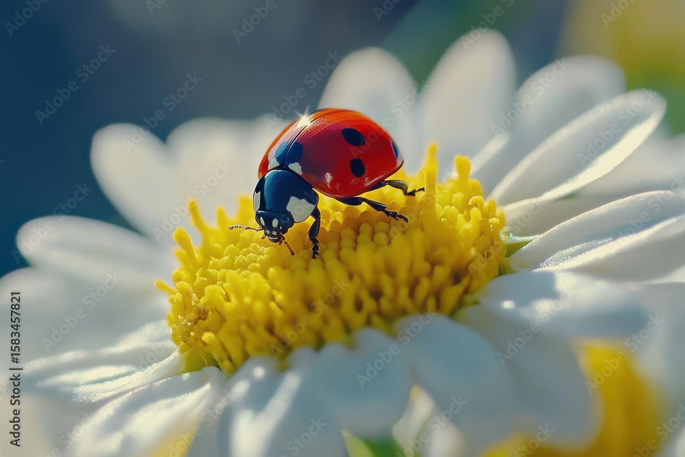 Obraz premium A ladybug feeding on a vibrant flower during a sunny spring afternoon in a garden