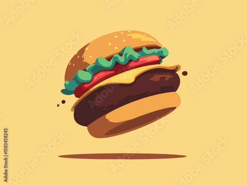Colorful flat vector design of a delicious burger with sauces, ideal for fast food menus, infographics, and digital culinary content.