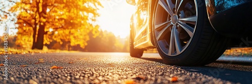 Closeup side view of car tires on asphalt road with soft golden glow of autumn sunset. ideal for use in automotive advertising, road safety campaigns, seasonal promotions