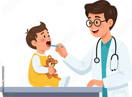 A friendly male doctor examines a young boy's throat with a tongue depressor, the child holding a teddy bear.
