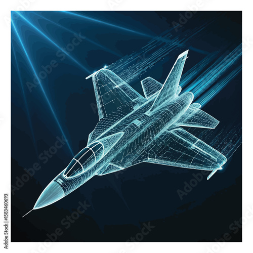 Fighter jet with speed light line. Supersonic digital jet fighter in futuristic wireframe style. Technology military airplane hologram. High-speed innovations concept. Abstract aircraft