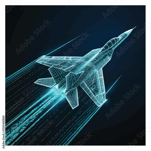 Fighter jet with speed light line. Supersonic digital jet fighter in futuristic wireframe style. Technology military airplane hologram. High-speed innovations concept. Abstract aircraft