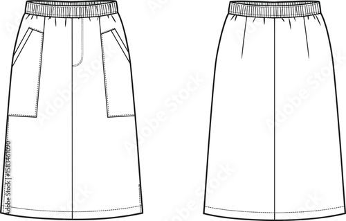 Technical flat sketch of midi length A-line skirt with elastic waistband front and back view pocket detail for fashion design template illustration