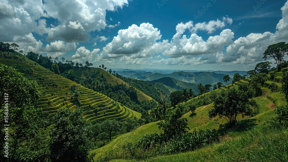 Naklejka premium Layered farming plots on a mountainous slope