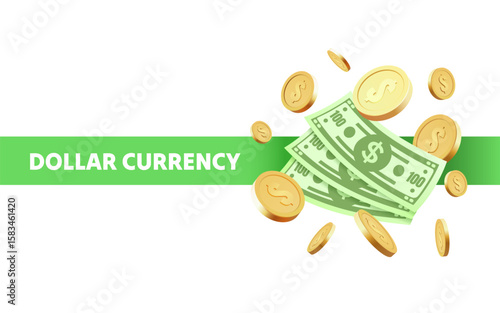 Dollar currency banner, coins and banknotes for purchase and payment. Vector illustration