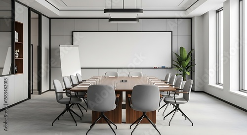 Conference room setup with modern decor and blank whiteboard backdrop