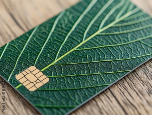 A close-up image of a credit card designed with a green leaf pattern and a golden chip, symbolizing eco-friendly or sustainable finance.
