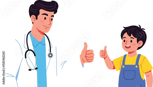 A smiling doctor with a stethoscope stands near a happy child giving a thumbs up gesture.