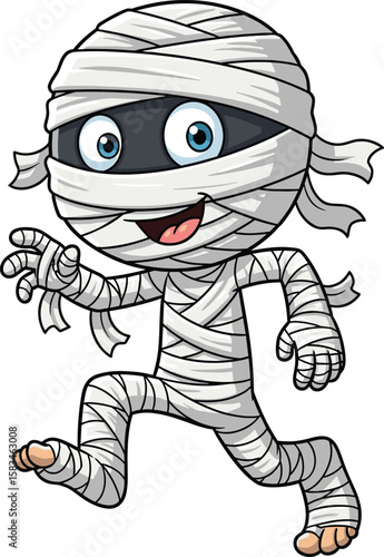 Cute cartoon mummy character – Halloween costume clipart for kids with bandages and bright blue eyes, perfect for party decor, crafts, stickers, and fun designs