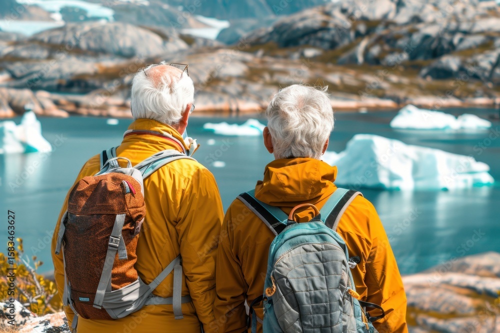 Fototapeta premium Exploring the stunning icy shores with friends on a bright day in nature’s untouched arctic landscape