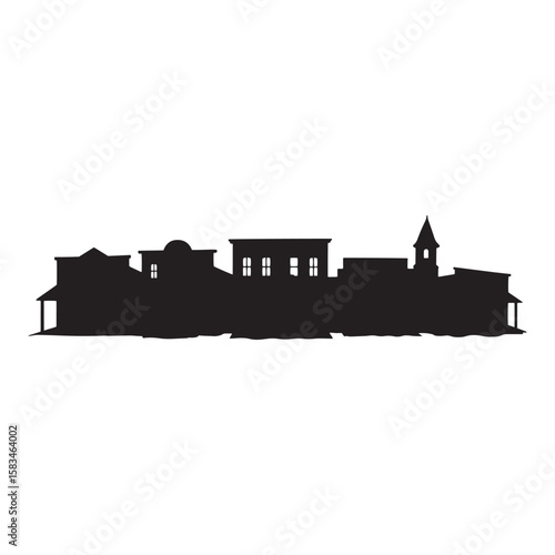 Black silhouette illustration of a western town with a church building and simple architecture