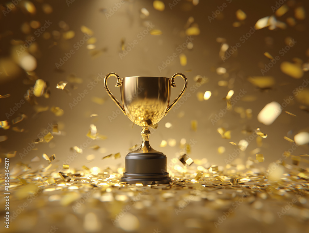 Champion trophy surrounded by swirling shower of gold confetti Champion trophy surrounded by swirling shower of gold confetti