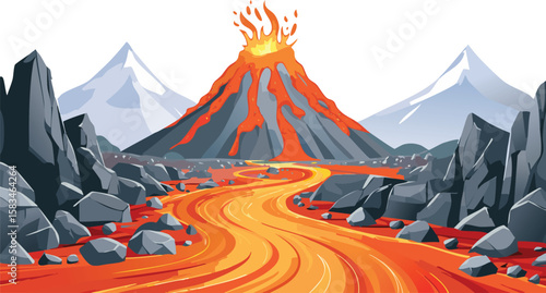Fiery Volcano Scene with Flowing Lava and Dramatic Red Sky