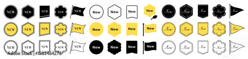 NEWの文字入りモノクロラベル・リボン・バッジ素材セット（シンプル フラット 汎用 アイコン ベクター）