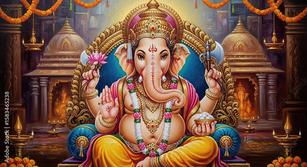Fototapeta premium illustration of Lord Ganpati for Ganesh Chaturthi festival of India, Ganesh chaturthi for greeting,card, poster background.