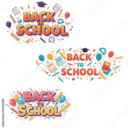 Cheerful back to school designs with balloons, stationery, and confetti elements for educational projects and fun branding materials.