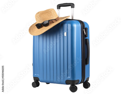  Angled Side View of Packed Blue Suitcase with Straw Hat Tilted and Sunglasses Hanging, Transparent Background