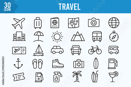 30 Travel Icon Set Line Style – Vacation, Transport, Tourism, Adventure Symbols