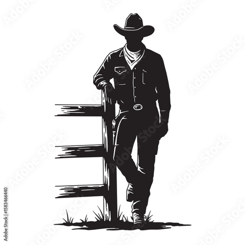 Silhouette of a cowboy leaning against a fence in a western rural scene black and white art