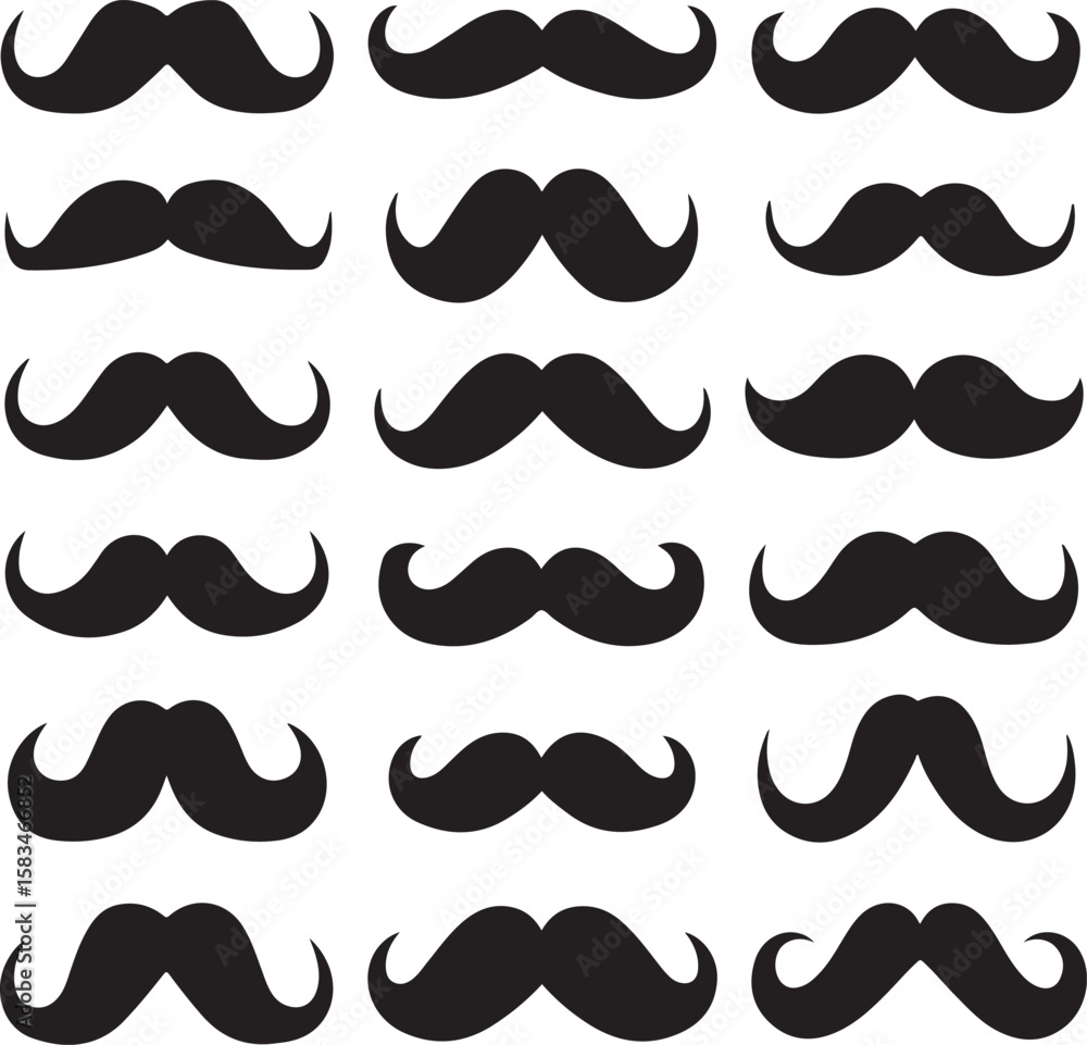 Trendy Moustache Mania A Whimsical Vector Grid of Facial Hair Styles for Design, Featuring Multiple Mustache Variations in Graphic Arrangement Trendy Moustache Mania A Whimsical Vector Grid of Facial Hair Styles for Design, Featuring Multiple Mustache Variations in Graphic Arrangement