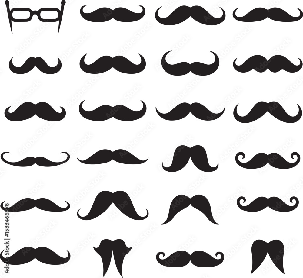 Moustache Mania A Vector Grid of Whiskers and Spectacles, Fun Illustration of Different Moustache Styles, Quirky Facial Hair Collection for Graphic Design Moustache Mania A Vector Grid of Whiskers and Spectacles, Fun Illustration of Different Moustache Styles, Quirky Facial Hair Collection for Graphic Design