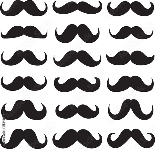 Trendy Moustache Mania A Whimsical Vector Grid of Facial Hair Styles for Design, Featuring Multiple Mustache Variations in Graphic Arrangement