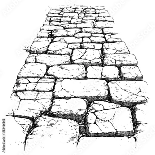 Hand-drawn cobblestone sketch, vintage road surface pattern, etched stone path texture, classic illustration, engraved art, antique paving texture, retro detailed engraving, vector illustration.
