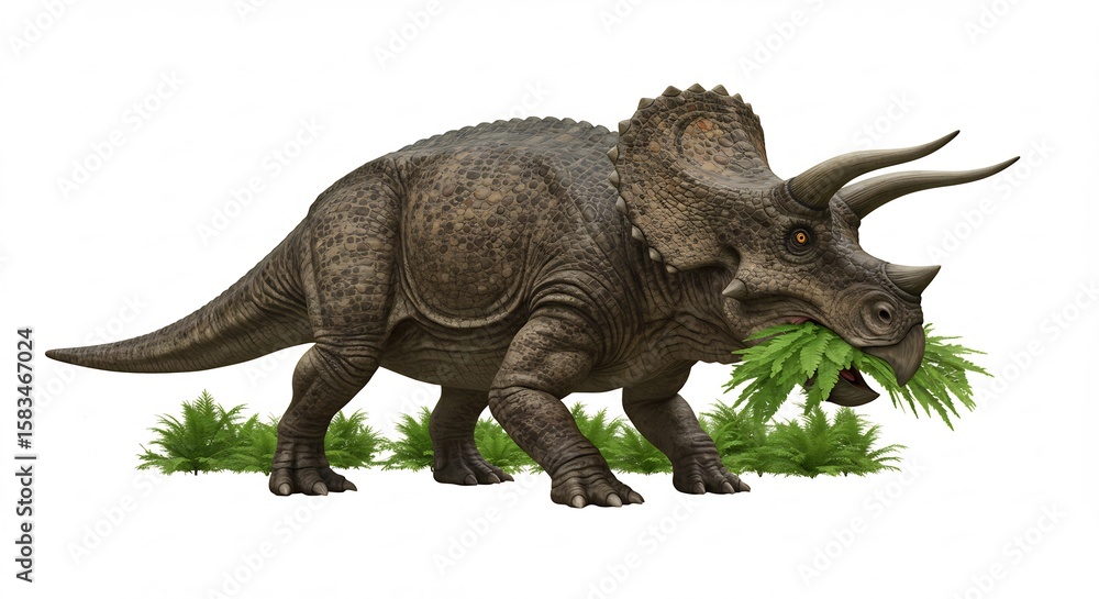 Fototapeta premium Triceratops paisible mange herbe verte lumi�re douce. AI Generated