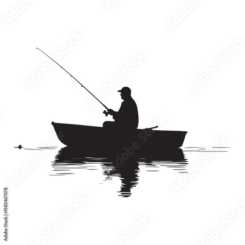 Silhouette of a fisherman casting rod from a boat with reflected image on water