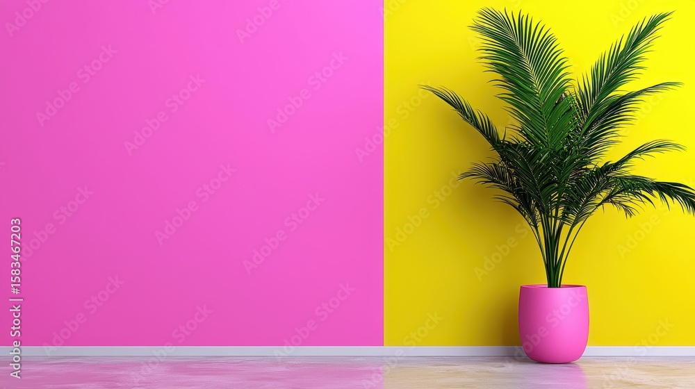 Pink and Yellow Room with Green Potted Plant Pink and Yellow Room with Green Potted Plant