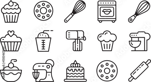 Baking and cooking icons featuring cupcakes cakes whisks mixers and a rolling pin vector