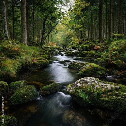 A serene forest stream flows gently over moss-covered rocks surrounded by lush green trees and foliage in a peaceful, natural woodland setting.