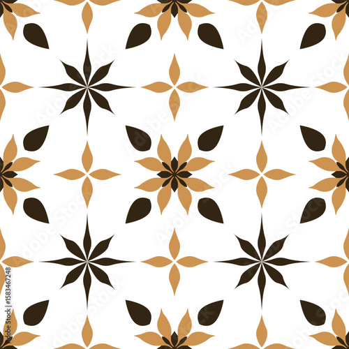 Seamless Monochrome Pattern of Gold and Brown Stylized Flowers on a White Background