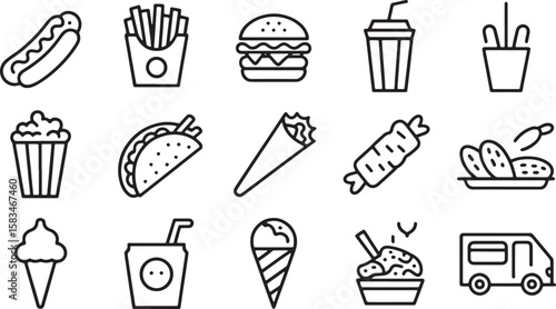 Food Icons Set with Various Tasty Fast Meal and Drink Illustrations