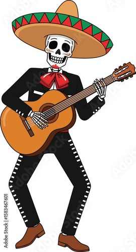 Day of the Dead mariachi skeleton playing guitar – traditional Mexican celebration cartoon perfect for cultural events, Día de los Muertos graphics, or festive designs