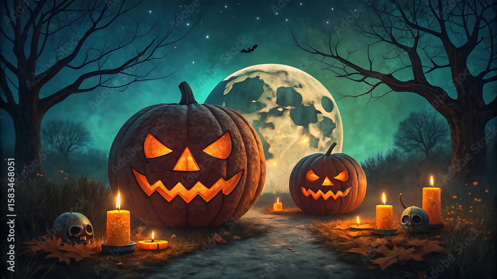 Fototapeta premium Spooky halloween night with glowing jack o lanterns and a full moon
