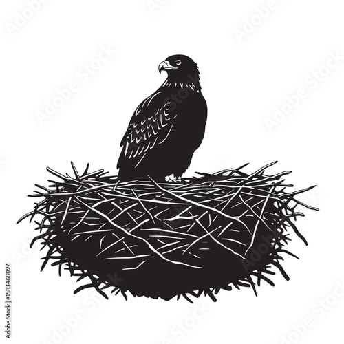 Silhouette of a majestic eagle perched on a nest crafted from twigs and branches
