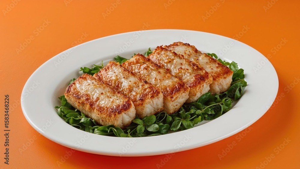 Fried fish cutlets arranged neatly on a bed of fresh greens served on a white oval plate against an orange background. Fried fish cutlets arranged neatly on a bed of fresh greens served on a white oval plate against an orange background.