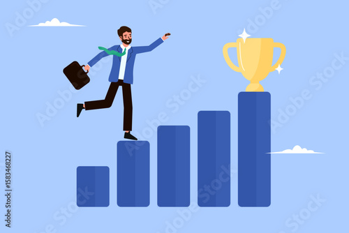 Motivation concept: Driven businessman sprints on rising bar chart towards winner's trophy. Represents achievement, rewards and striving for success.