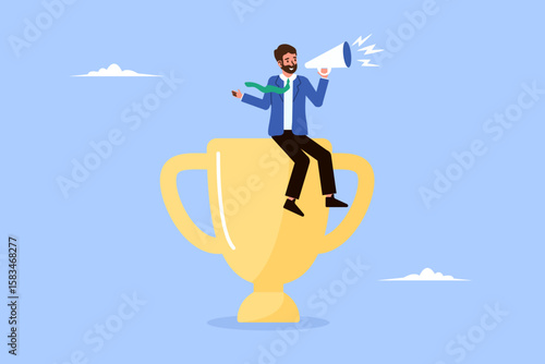 Businessman shares success story via megaphone on trophy, inspiring people to develop and succeed. Motivation and achievement concept.