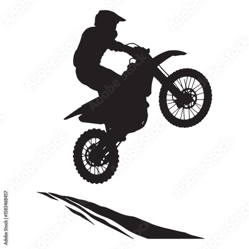Silhouette of a motocross rider performing a wheelie with dirt bike illustration on white background