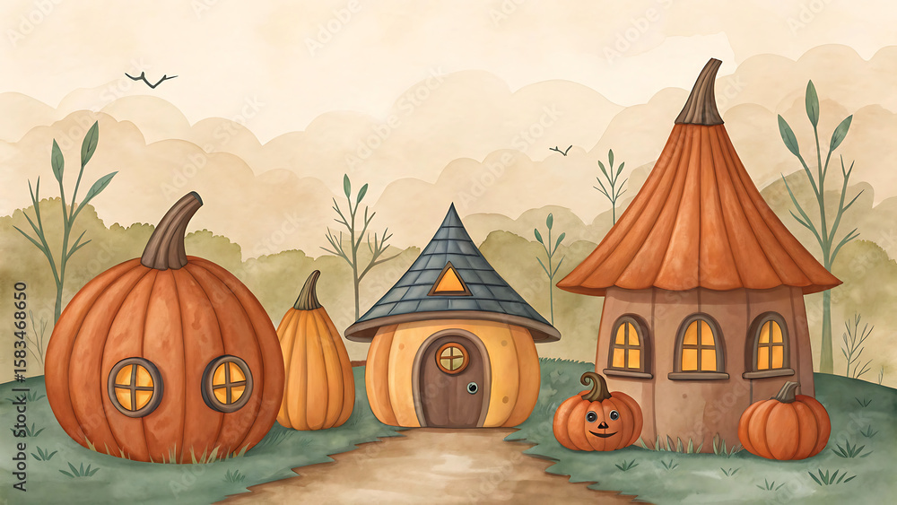 Obraz premium Whimsical watercolor scene of pumpkin houses and pumpkins in a fall landscape